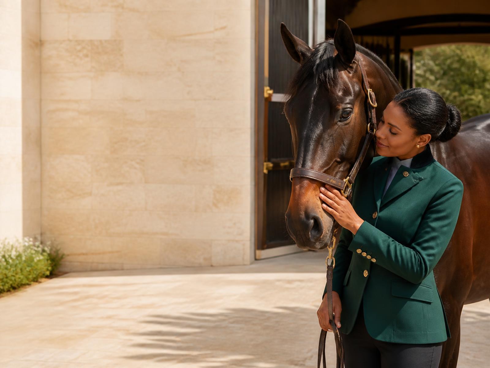 B.A.R.K.™ equine care professional with a horse in a refined stable courtyard