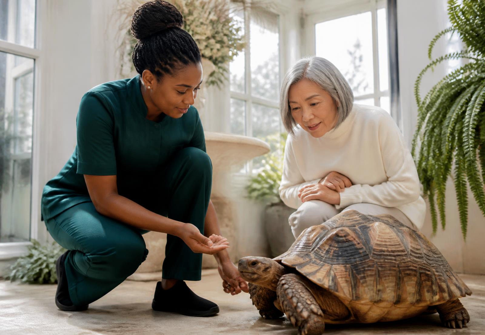 Care professional discussing a tortoise’s routine with its owner